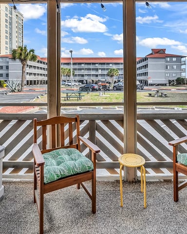 Screened porch with resort and ocean views in North Myrtle Beach